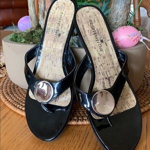 Black patten leather slides